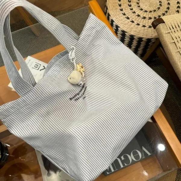 New Casual Striped Lazy Simple Large-Capacity Commuter Canvas Bag Versatile Shoulder Tote - Image 6