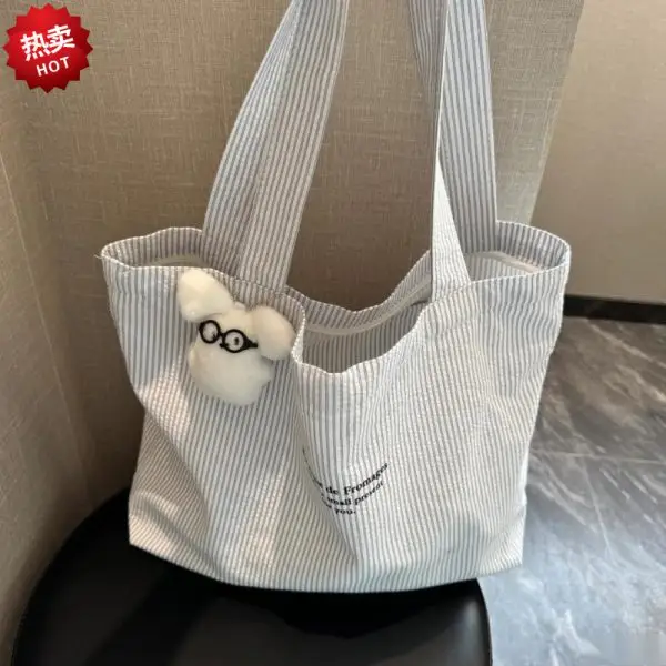 New Casual Striped Lazy Simple Large-Capacity Commuter Canvas Bag Versatile Shoulder Tote - Image 4